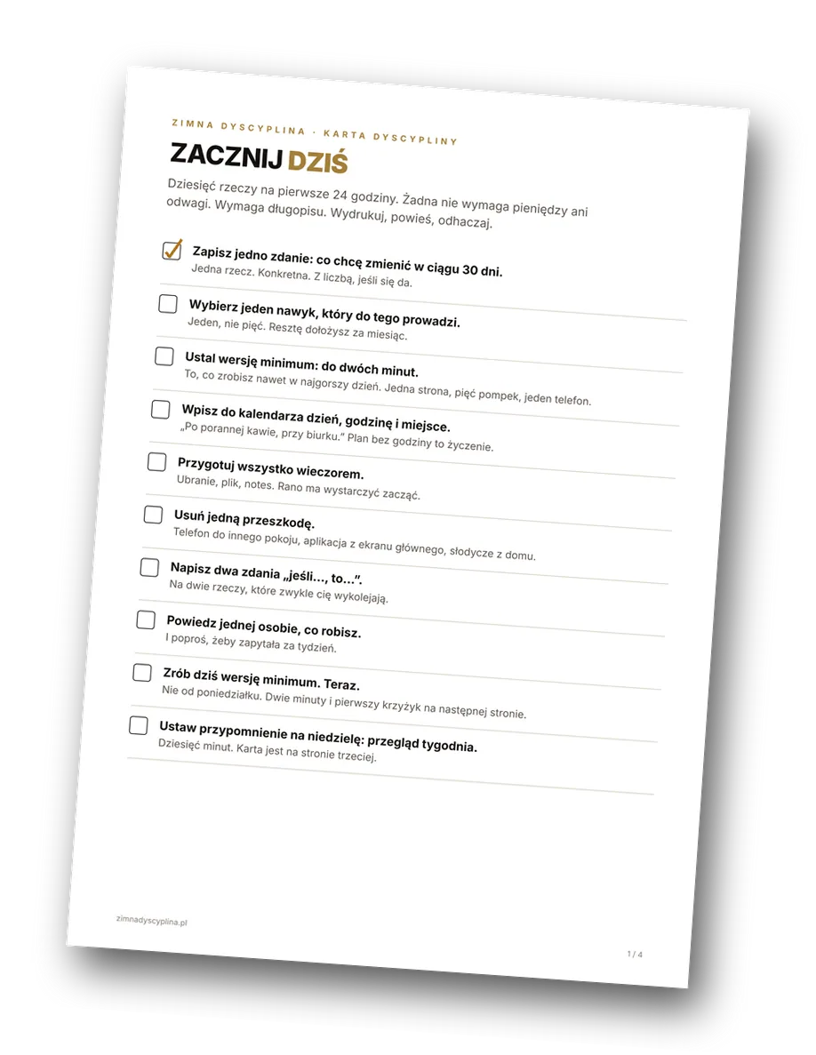 Karta Dyscypliny — wydrukowana strona z odhaczonym pierwszym polem